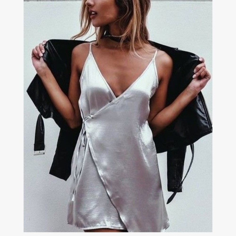 SILVER SATIN WRAP DRESS